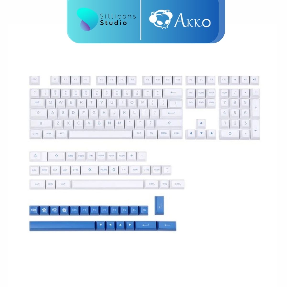 ปุ่มคีย์บอร์ด AKKO PBT สี Blue on White Keycap 197 ปุ่ม ASA Profile